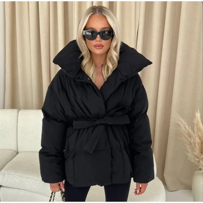 Fashion Lace Up Cotton Jacket Women Casual Stand Collar Single Breasted Pocket Loose Outerwear Lady Winter Daily Street Jackets