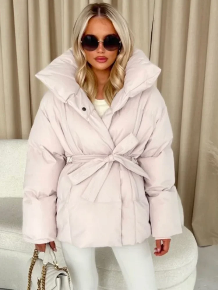 Fashion Lace Up Cotton Jacket Women Casual Stand Collar Single Breasted Pocket Loose Outerwear Lady Winter Daily Street Jackets