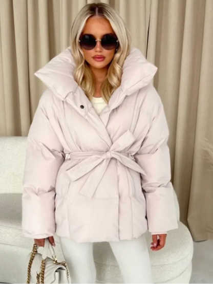 Fashion Lace Up Cotton Jacket Women Casual Stand Collar Single Breasted Pocket Loose Outerwear Lady Winter Daily Street Jackets