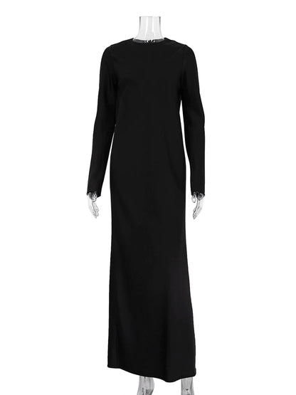 Casual Black/Green Satin Women'S Dress 2025 Fashion O-Neck Long Sleeve Ankle Length Dresses Elegant Classic Solid Female Dress