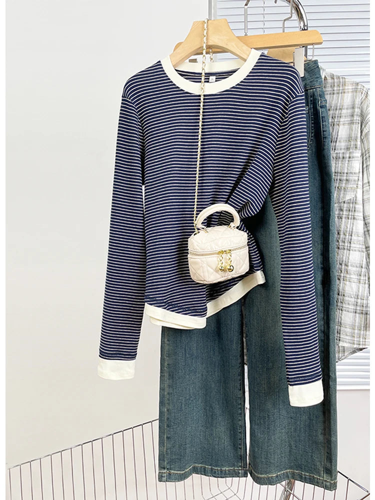 Autumn 2025 Plus Size Women’s T-Shirt – Casual Long Sleeve Patchwork Asymmetrical Slim Fit Cotton Top