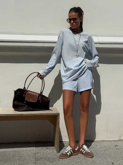 New O-neck Long Sleeve T - Shirt Soft Fabric Oversized Trendy Knot Front Spring Autumn Fashion Tops