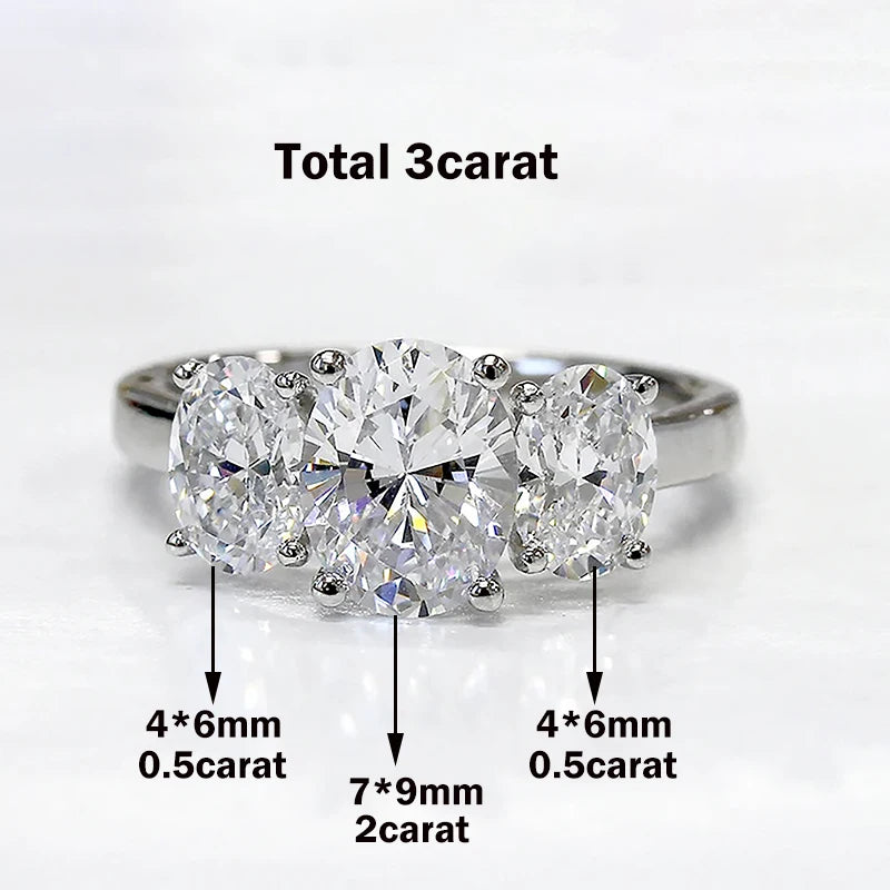 Women’s Certified Oval Moissanite Engagement Ring – 3-Stone 925 Silver Jewelry