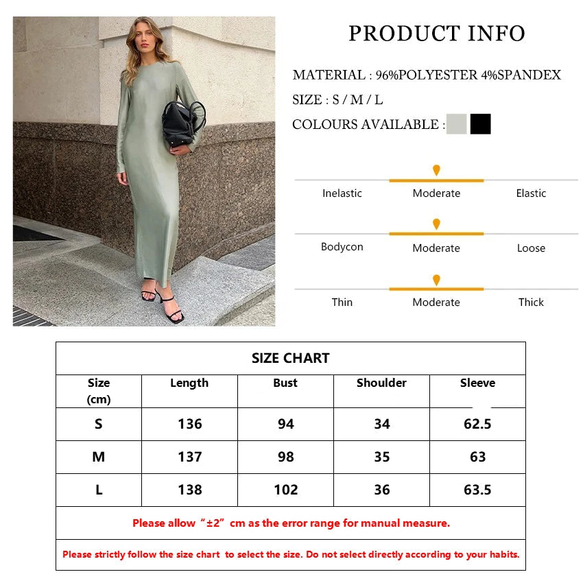 Casual Black/Green Satin Women'S Dress 2025 Fashion O-Neck Long Sleeve Ankle Length Dresses Elegant Classic Solid Female Dress