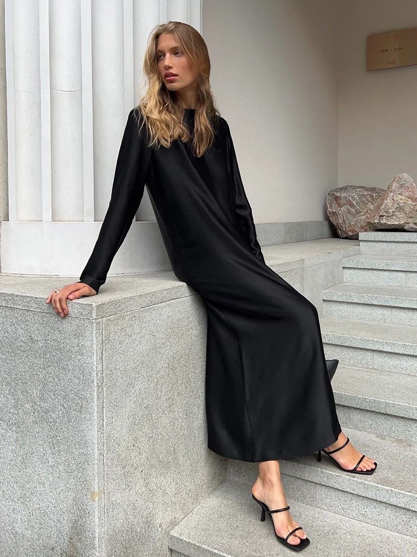 Casual Black/Green Satin Women'S Dress 2025 Fashion O-Neck Long Sleeve Ankle Length Dresses Elegant Classic Solid Female Dress
