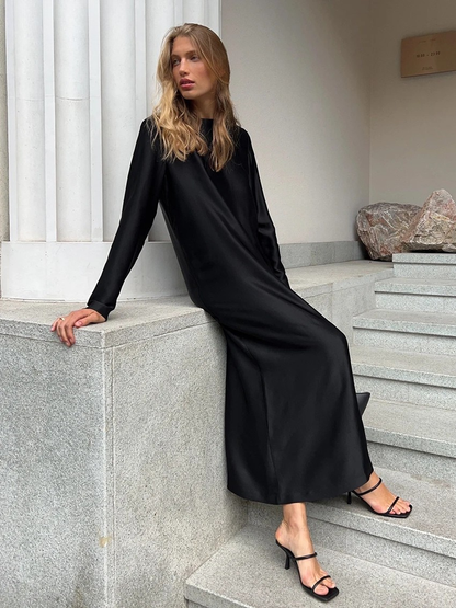 Casual Black/Green Satin Women'S Dress 2025 Fashion O-Neck Long Sleeve Ankle Length Dresses Elegant Classic Solid Female Dress