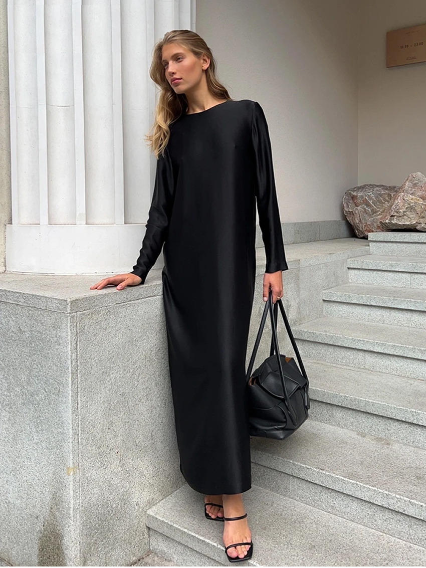 Casual Black/Green Satin Women'S Dress 2025 Fashion O-Neck Long Sleeve Ankle Length Dresses Elegant Classic Solid Female Dress