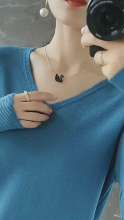 Women’s V-Neck Knit Sweater – Autumn Winter Long Sleeve Loose Cashmere Pullover Jumper