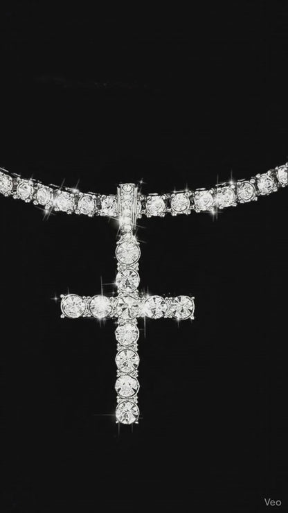 Iced Out Cross Pendant with 4mm Tennis Chain – Unisex Luxury Necklace