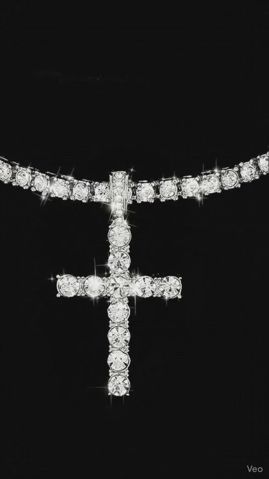 Iced Out Cross Pendant with 4mm Tennis Chain – Unisex Luxury Necklace