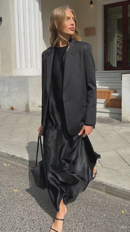 Casual Black/Green Satin Women'S Dress 2025 Fashion O-Neck Long Sleeve Ankle Length Dresses Elegant Classic Solid Female Dress