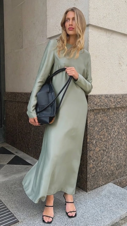 Casual Black/Green Satin Women'S Dress 2025 Fashion O-Neck Long Sleeve Ankle Length Dresses Elegant Classic Solid Female Dress